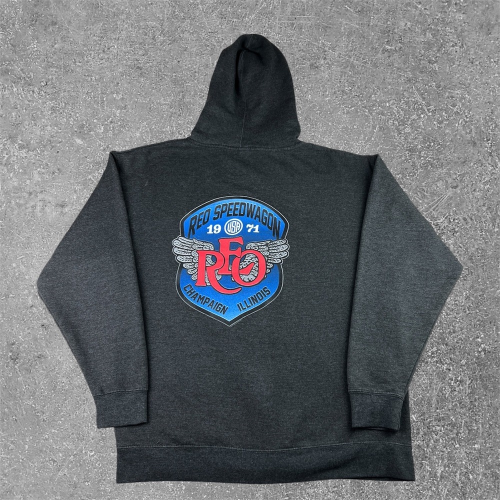 REO Speedwagon Full Zip Hoodie Mens XL Charcoal Grey Rock Band Sweatshirt